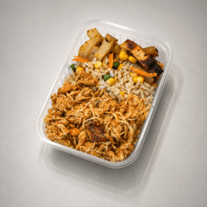 T03 - Frango desfiado, arroz integral colorido e batata doce rústica